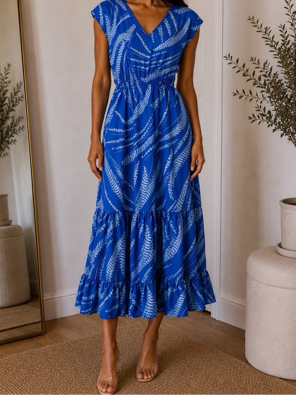 Next Direct Blue Fern-Print Maxi Dress with Lattice Back